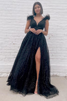 Load image into Gallery viewer, Glitter Deep V-Neck Black Long Prom Dress with Feathers