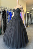 Load image into Gallery viewer, Cold Shoudler Glitter Black Long Prom Dress with Appliques