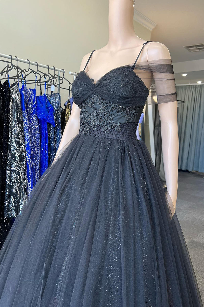 Load image into Gallery viewer, Cold Shoudler Glitter Black Long Prom Dress with Appliques