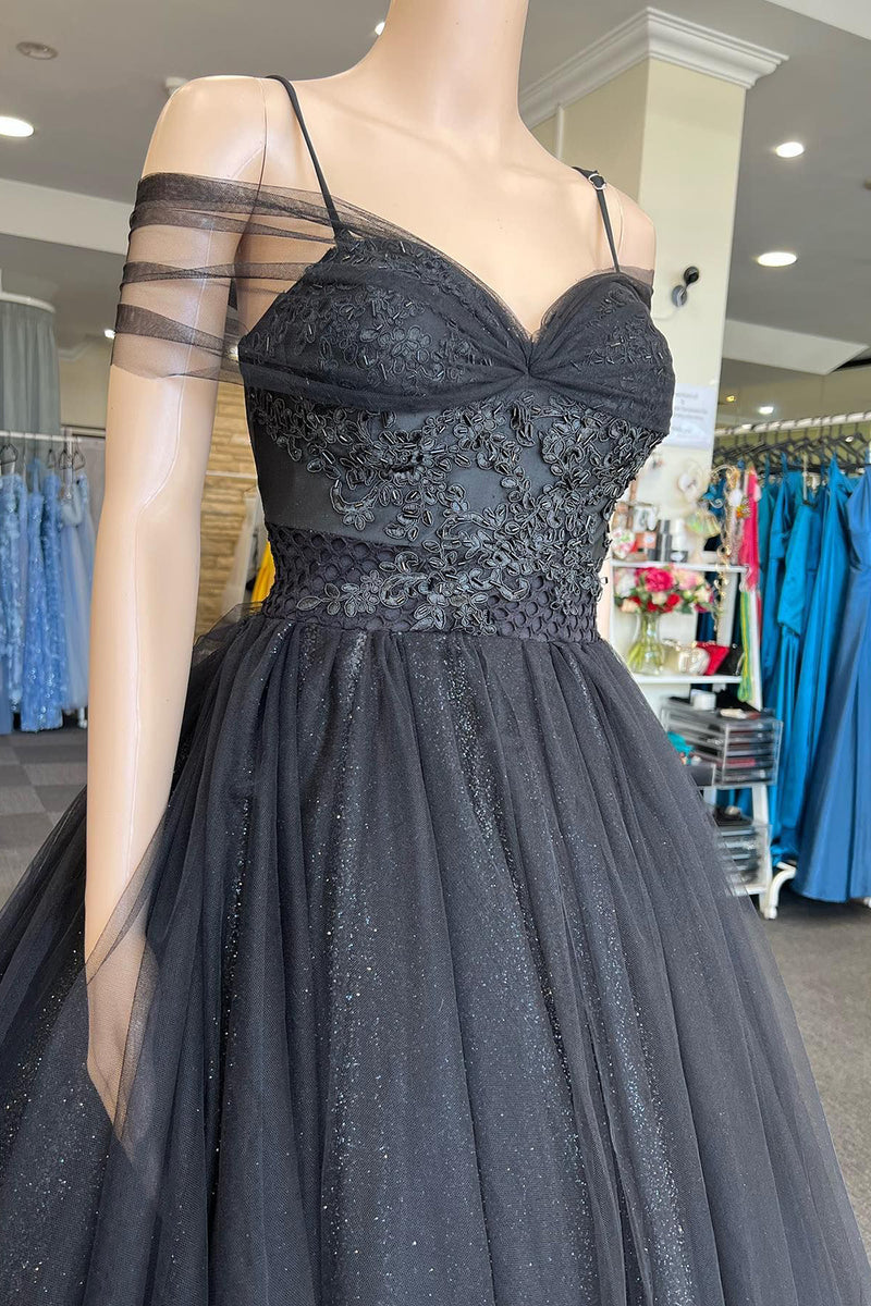 Load image into Gallery viewer, Cold Shoudler Glitter Black Long Prom Dress with Appliques