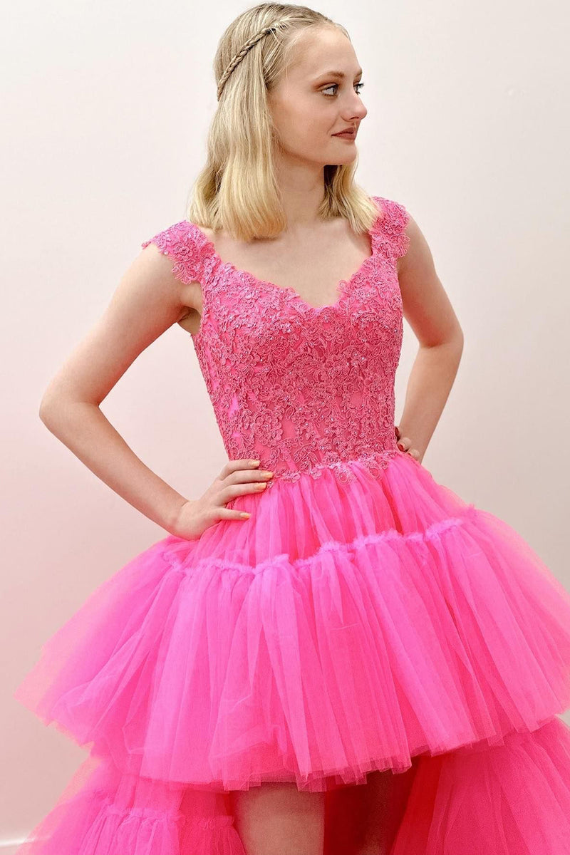 Load image into Gallery viewer, Tulle High Low Pink Long Prom Dress with Appliques
