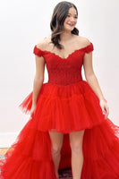Load image into Gallery viewer, Tulle High Low Pink Long Prom Dress with Appliques