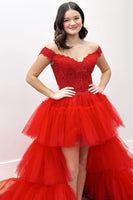 Load image into Gallery viewer, Tulle High Low Pink Long Prom Dress with Appliques