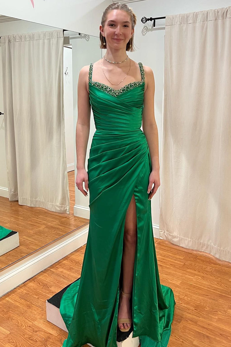 Load image into Gallery viewer, Mermaid Spaghetti Straps Green Long Prom Dress with Slit