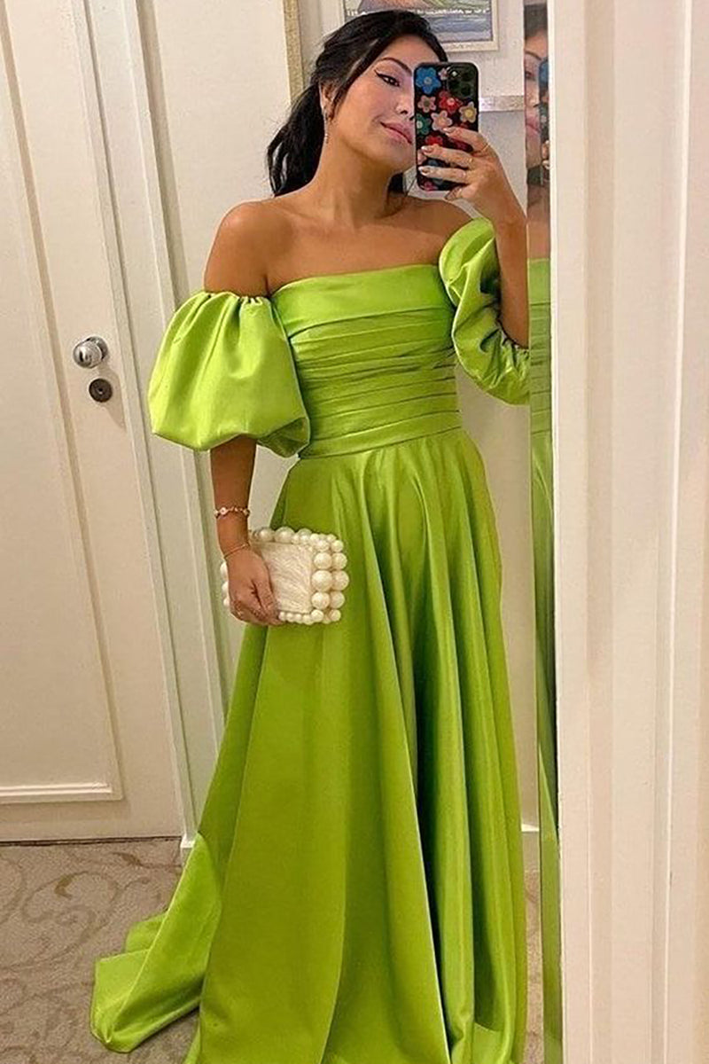 Load image into Gallery viewer, Off The Shoulder Satin Green Long Prom Dress with Ruffles