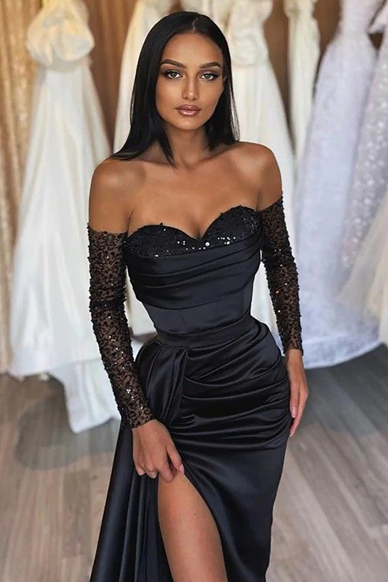 Load image into Gallery viewer, Off the Shoulder Satin Sequins Black Long Prom Dress with Ruffles