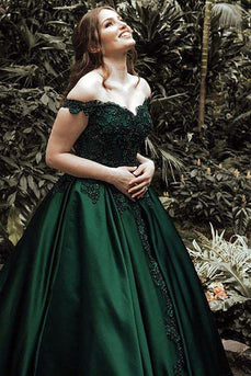 A-Line Off the Shoulder Dark Green Satin Long Prom Dress with Appliques