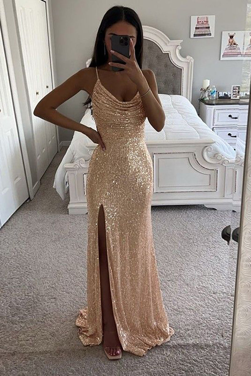 Load image into Gallery viewer, Sparkly Spaghetti Straps Champagne Long Prom Dress with Slit