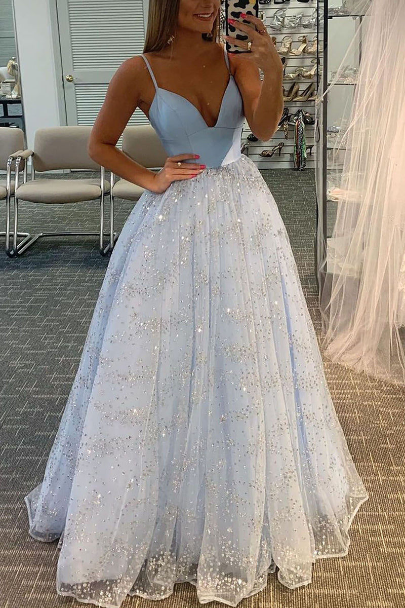 Load image into Gallery viewer, Sparkly Spaghetti Straps Light Blue Tulle Long Prom Dress