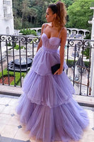 Load image into Gallery viewer, Tiered Spaghetti Straps Purple Corset Long Prom Dress
