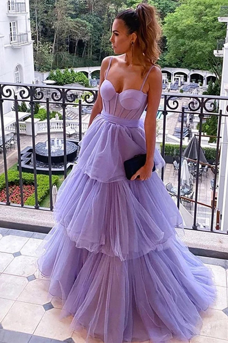 Load image into Gallery viewer, Tiered Spaghetti Straps Purple Corset Long Prom Dress