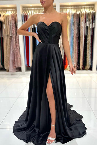 Mermaid Sweetheart Satin Black Long Prom Dress with Slit