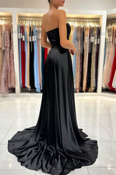 Mermaid Sweetheart Satin Black Long Prom Dress with Slit