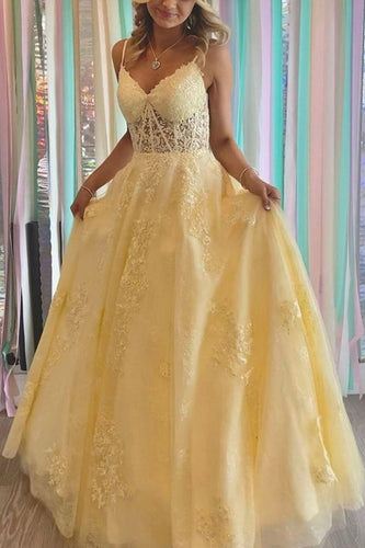 Spaghetti Straps Light Yellow Long Corset Prom Dress with Appliques