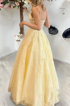 Spaghetti Straps Light Yellow Long Corset Prom Dress with Appliques