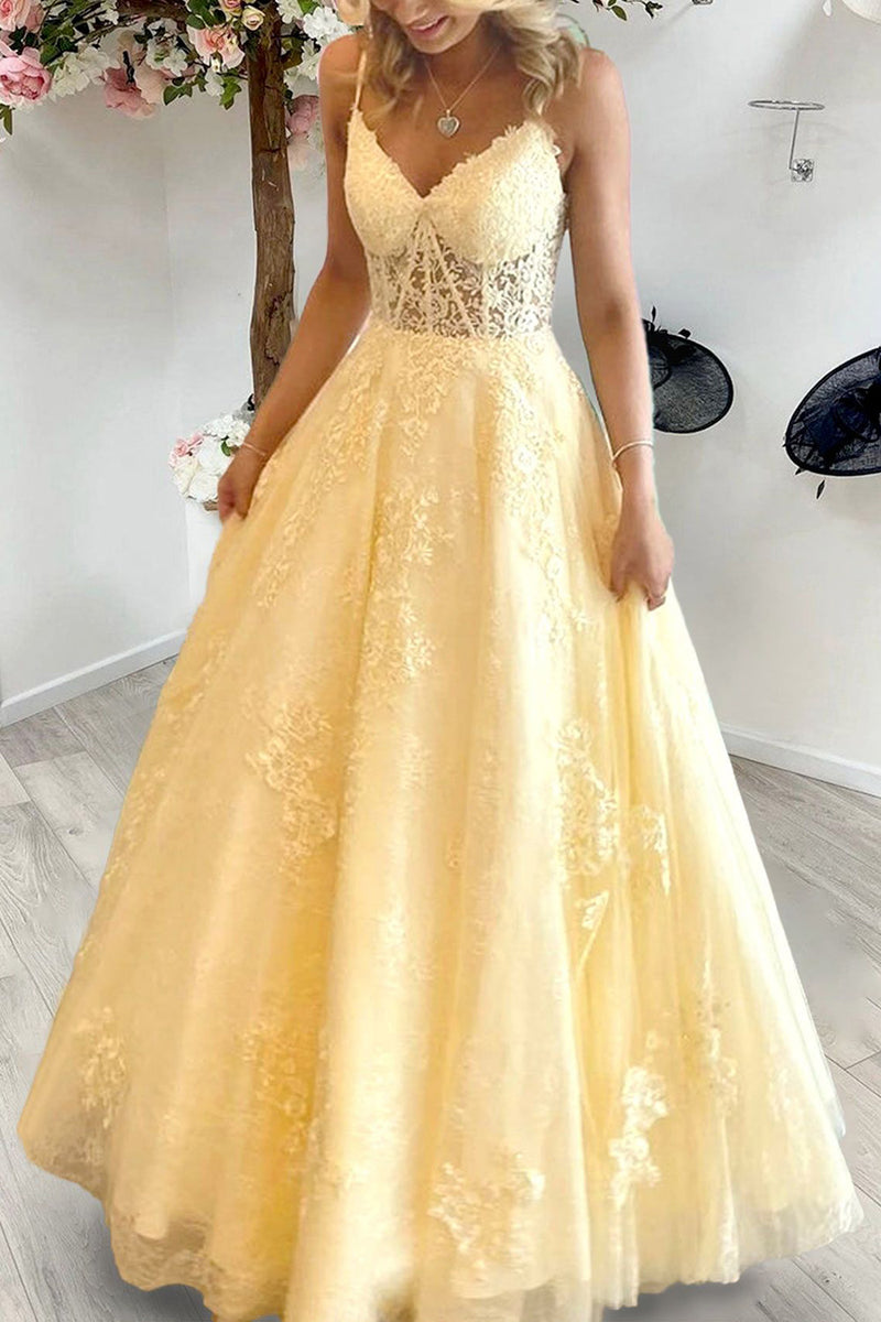 Load image into Gallery viewer, Spaghetti Straps Light Yellow Long Corset Prom Dress with Appliques