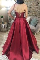 Load image into Gallery viewer, A-Line Spaghetti Straps Satin Burgundy Long Prom Dress