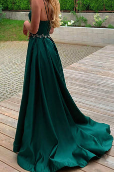 A-Line Spaghetti Straps Satin Dark Green Long Prom Dress with Slit