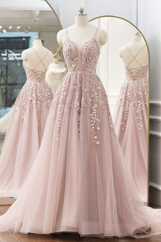 A-Line Spaghetti Straps Light Pink Tulle Long Prom Dress with Appliques