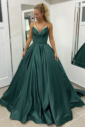 A-Line Spaghetti Straps Dark Green Satin Corset Long Prom Dress