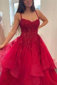 A-Line Spaghetti Straps Red Tulle Long Prom Dress with Appliques