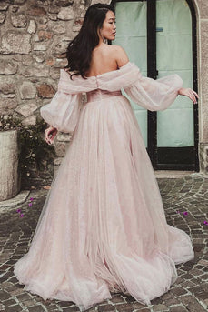 A-Line Off The Shoulder Light Pink Tulle Long Prom Dress