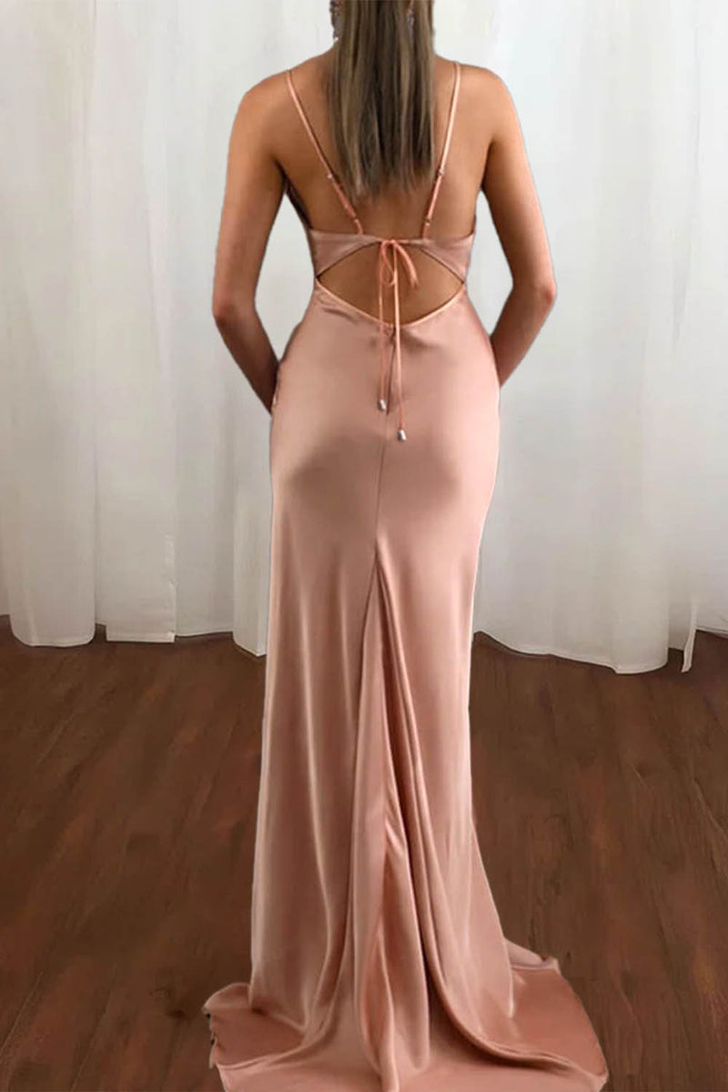 Load image into Gallery viewer, Mermaid Spaghetti Straps Satin Blush Long Prom Dress