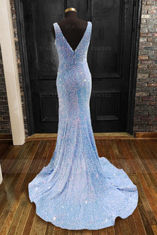 Mermaid Spaghetti Straps Light Blue Sparkly Long Prom Dress