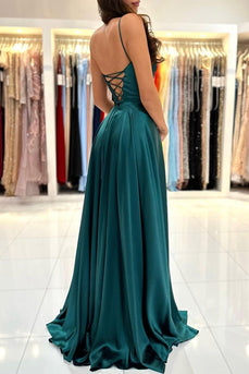 Mermaid Spaghetti Straps Satin Dark Green Long Prom Dress with Slit