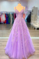 Load image into Gallery viewer, A-Line Spaghetti Straps Purple Tulle Long Prom Dress with Appliques
