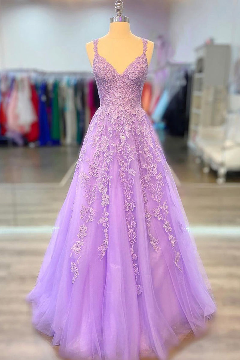 Load image into Gallery viewer, A-Line Spaghetti Straps Purple Tulle Long Prom Dress with Appliques