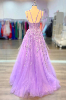 A-Line Spaghetti Straps Purple Tulle Long Prom Dress with Appliques