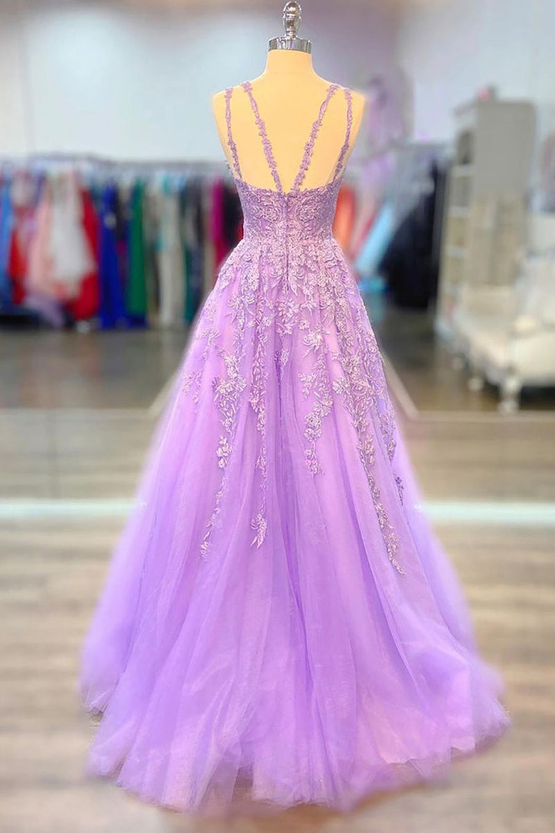 Load image into Gallery viewer, A-Line Spaghetti Straps Purple Tulle Long Prom Dress with Appliques