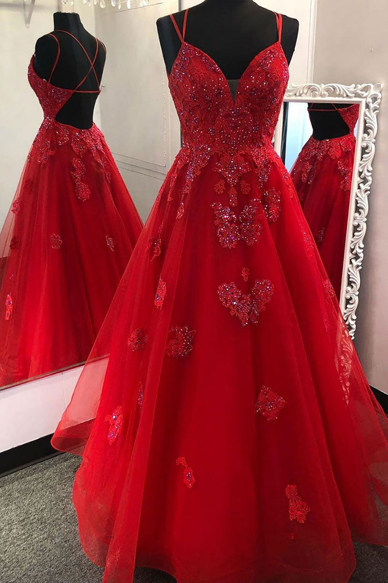 Load image into Gallery viewer, A-Line Sparkly Red Long Prom Dress with Appliques