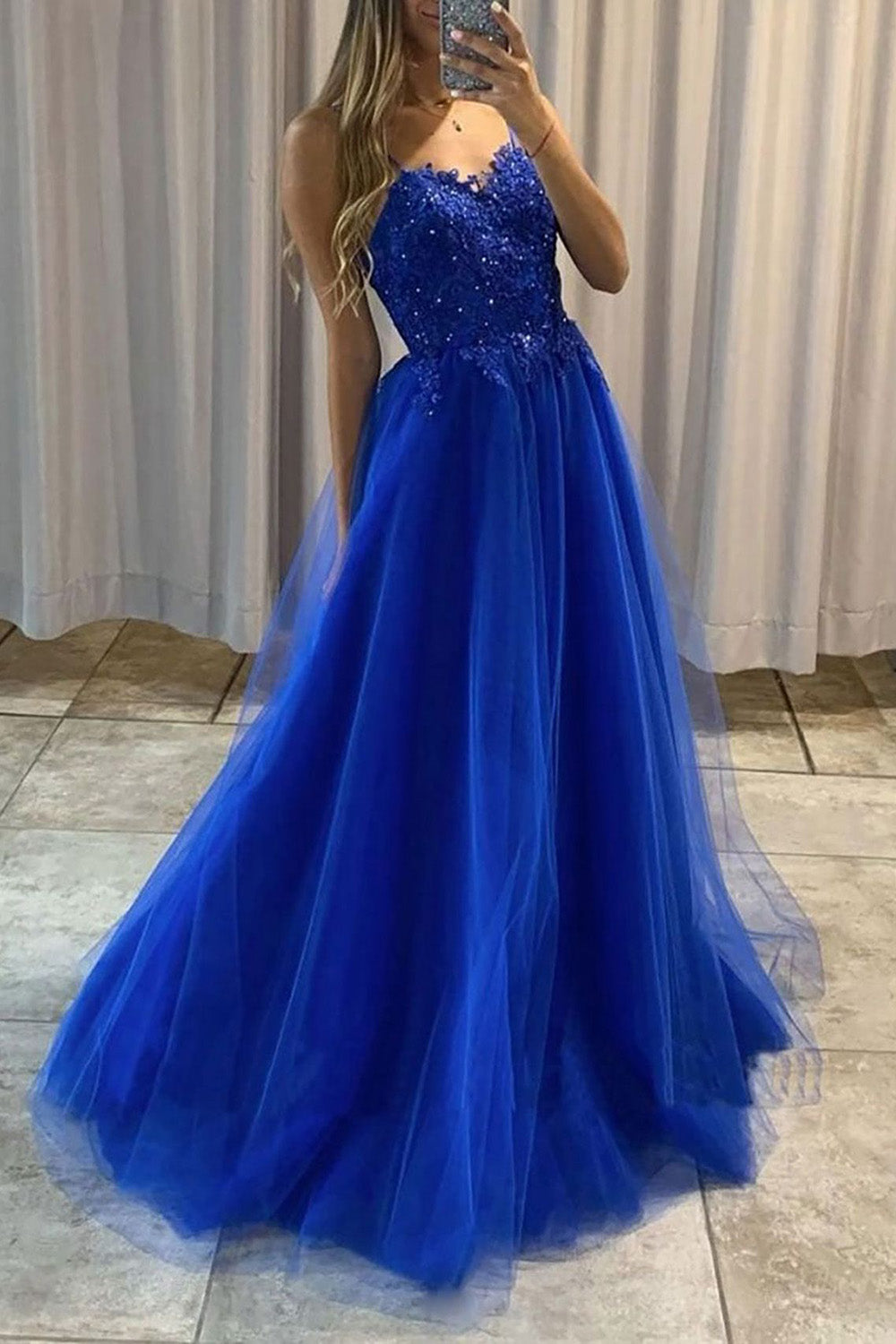 A-Line Spaghetti Straps Royal Blue Long Prom Dress with Beading