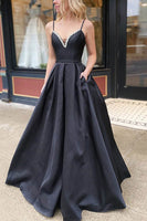 Load image into Gallery viewer, A-Line Spaghetti Straps Satin Black Long Prom Dress with Pockets