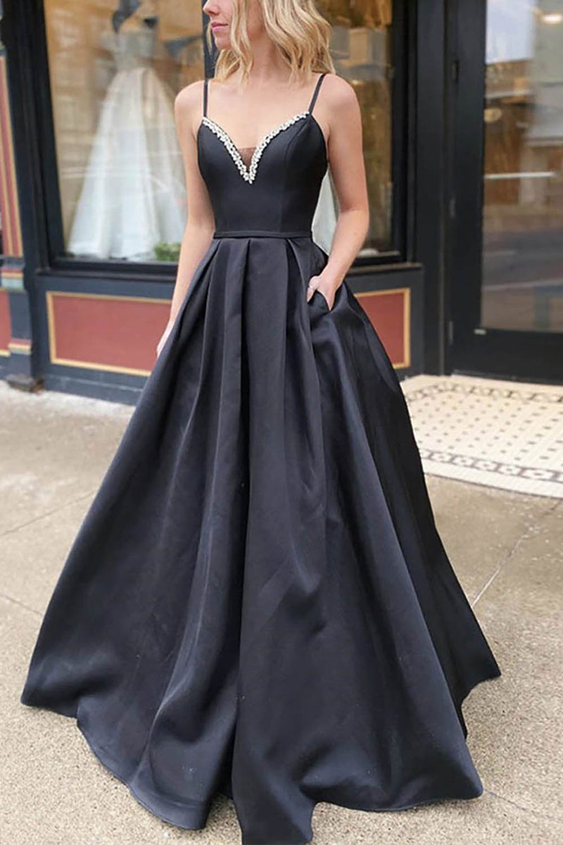 Load image into Gallery viewer, A-Line Spaghetti Straps Satin Black Long Prom Dress with Pockets
