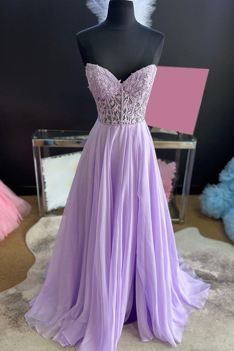 Load image into Gallery viewer, Lilac Corset A-Line Sweetheart Long Chiffon Prom Dress with Slit