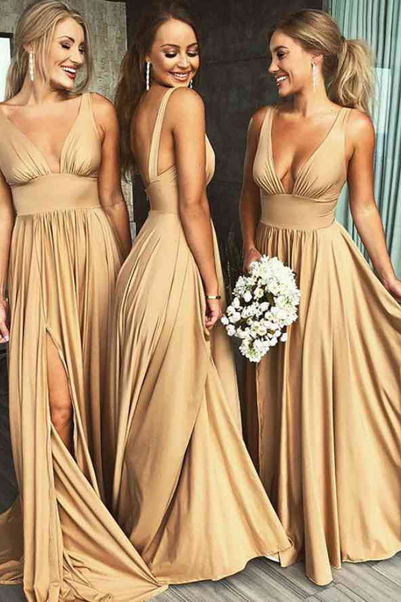 Queendancer Women Golden Long Ruched Bridesmaid Dress Deep V-Neck Wedding Party Dress with Slit queendanceruk Queendancer Women Golden Long Ruched Bridesmaid Dress Deep V-Neck Wedding Party Dress with Slit queendanceruk