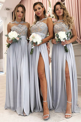 Grey A-Line Illusion Round Neck Long Chiffon Bridesmaid Dress with Lace