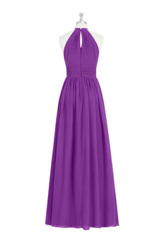 Lavender A-Line Round Neck Long Pleated Chiffon Boho Bridesmaid Dress