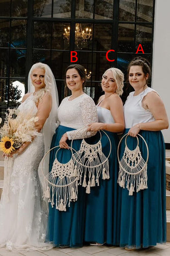 White Blue Tulle Round Neck Long Bridesmaid Dress