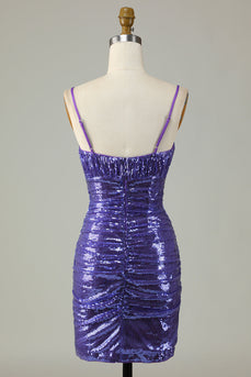 Sparkly Purple Sequins Spaghetti Straps Tight Short Party Dress