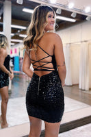 Load image into Gallery viewer, Sparkly Black Zipper Backless Sequins Tight Short Party Dress