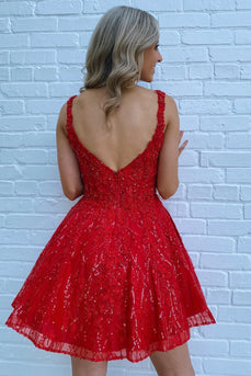 Sparkly Red Sequins A-Line Short Prom Dress with Pockets