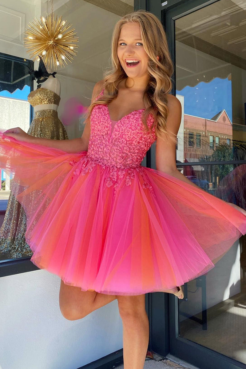 Queendancer Women Hot Pink A-Line Tulle Short Prom Dress with Lace