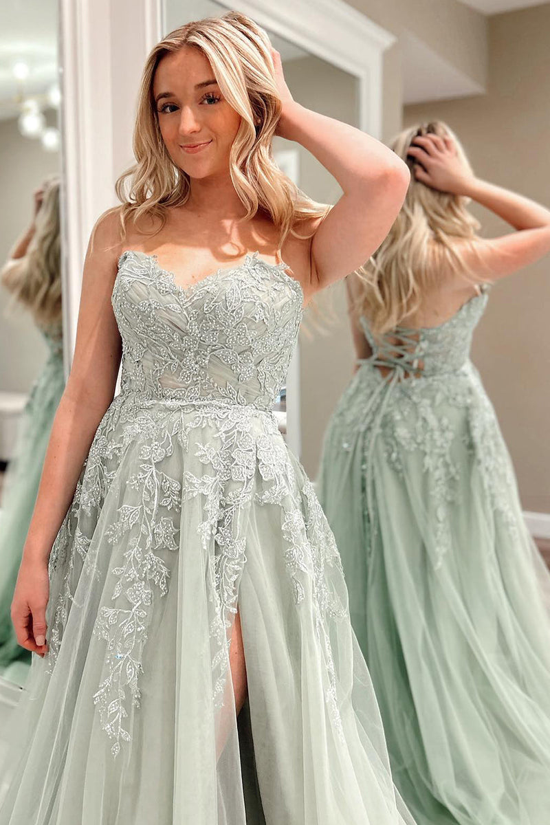 Load image into Gallery viewer, Sweetheart Beaded Light Green Long Prom Dress with Slit Front