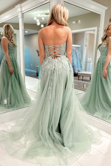 Sweetheart Beaded Light Green Long Prom Dress with Slit Front