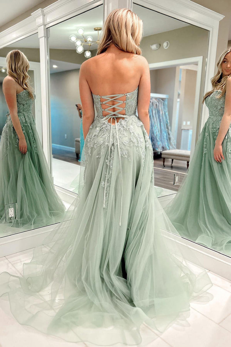 Load image into Gallery viewer, Sweetheart Beaded Light Green Long Prom Dress with Slit Front