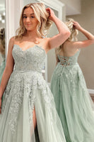 Load image into Gallery viewer, Sweetheart Beaded Light Green Long Prom Dress with Slit Front